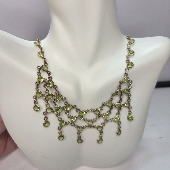 sterling silver green peridot bib mesh netting  statement necklace hook close - Picture 1 of 11
